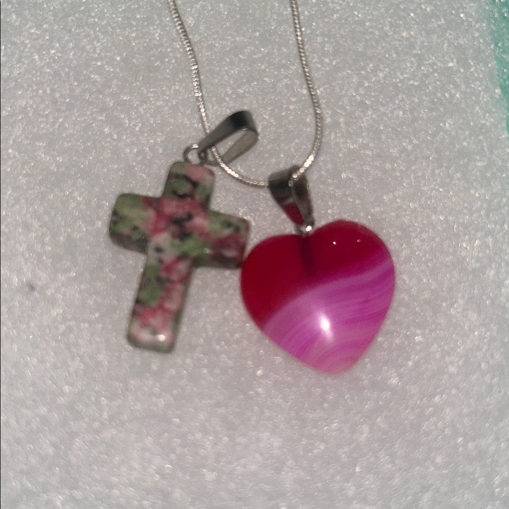Boho Ruby in zoisite Jasper Cross & Pink Agate Heart Silver 16” Necklace